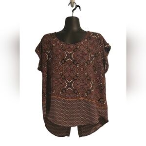 Pink Rose Brown Paisley Short Sleeve Blouse with Contrast Border